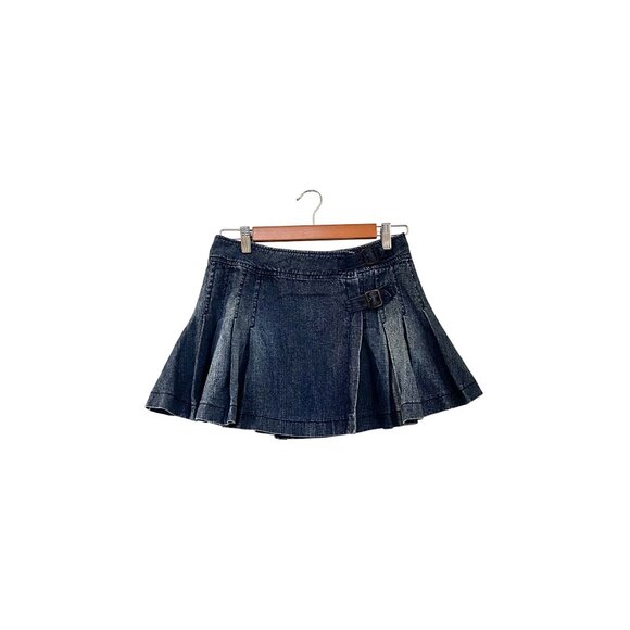 Vintage Y2K L.E.I. Women's Juniors Denim Buckled Pleated Mini Skirt Size 1 - Picture 1 of 7